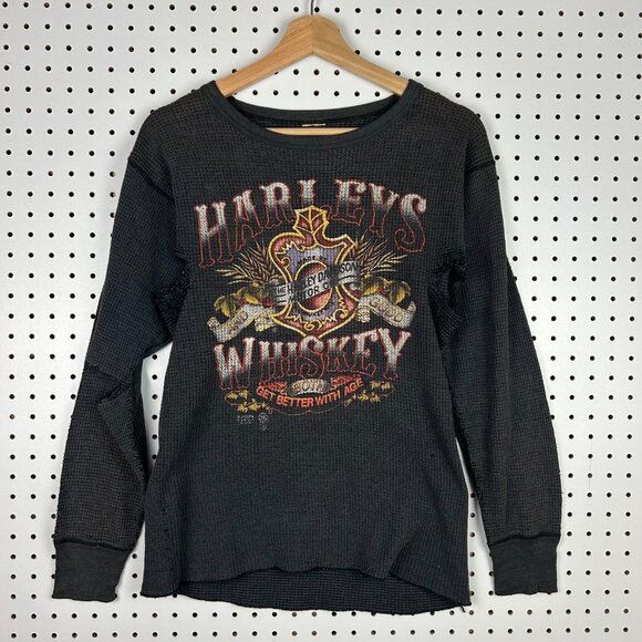 Harley Davidson Motorcycle‎ Whiskey Shirt Small Thermal Waffle 80s 3D Emblem - Picture 1 of 10